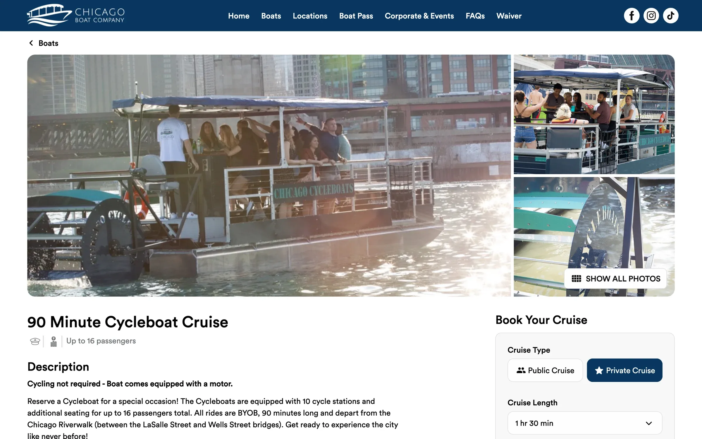 90 Minute Cycleboat Cruise page on the Chicago Boat Company website with a photo gallery and the booking panel