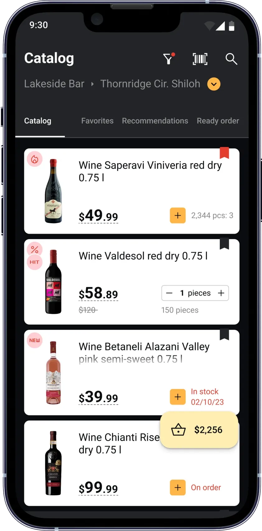 Catalog in the customer app with account prices, promotions and stock for each wine