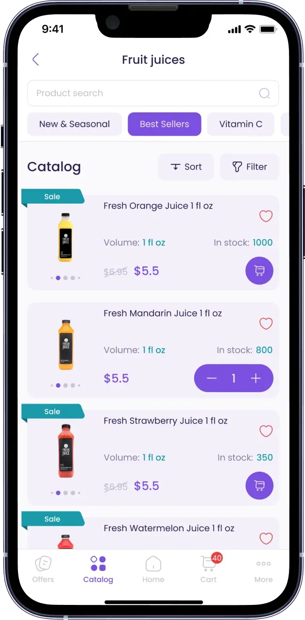 Deestr mobile catalog with products, prices and quantities