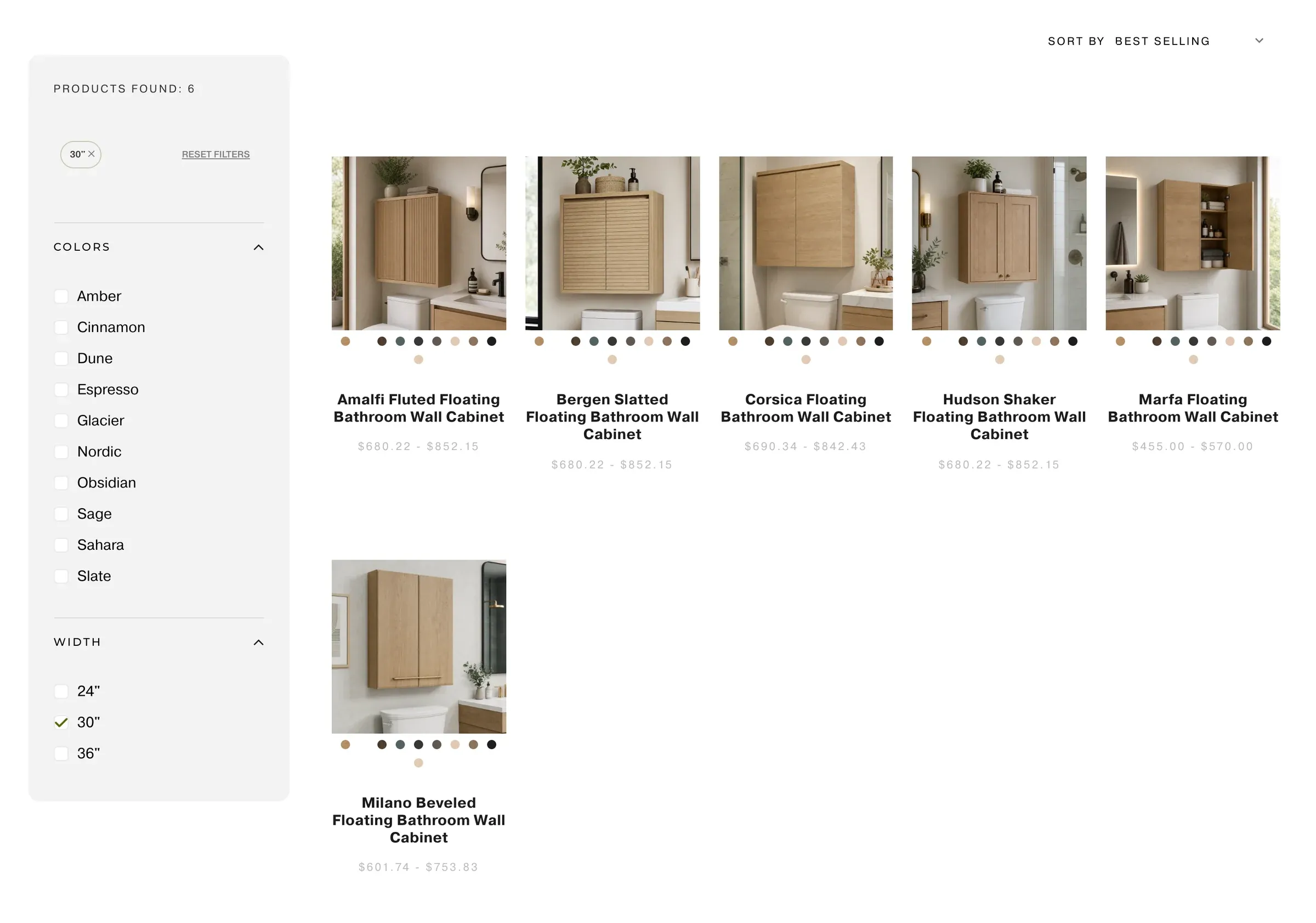 Marfa Cabinets category page for floating bathroom wall cabinets with attribute filters