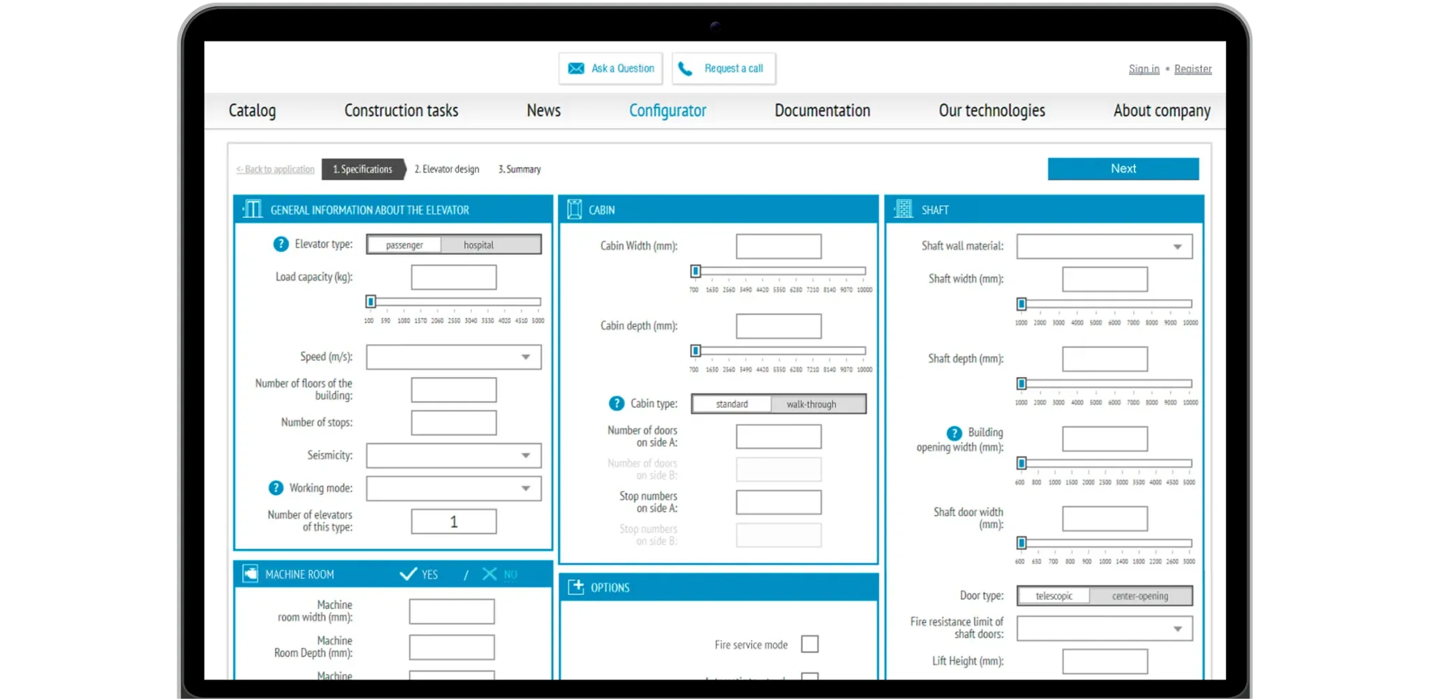 Specifications step of the elevator configurator with general information, cabin, shaft, machine room and options panels