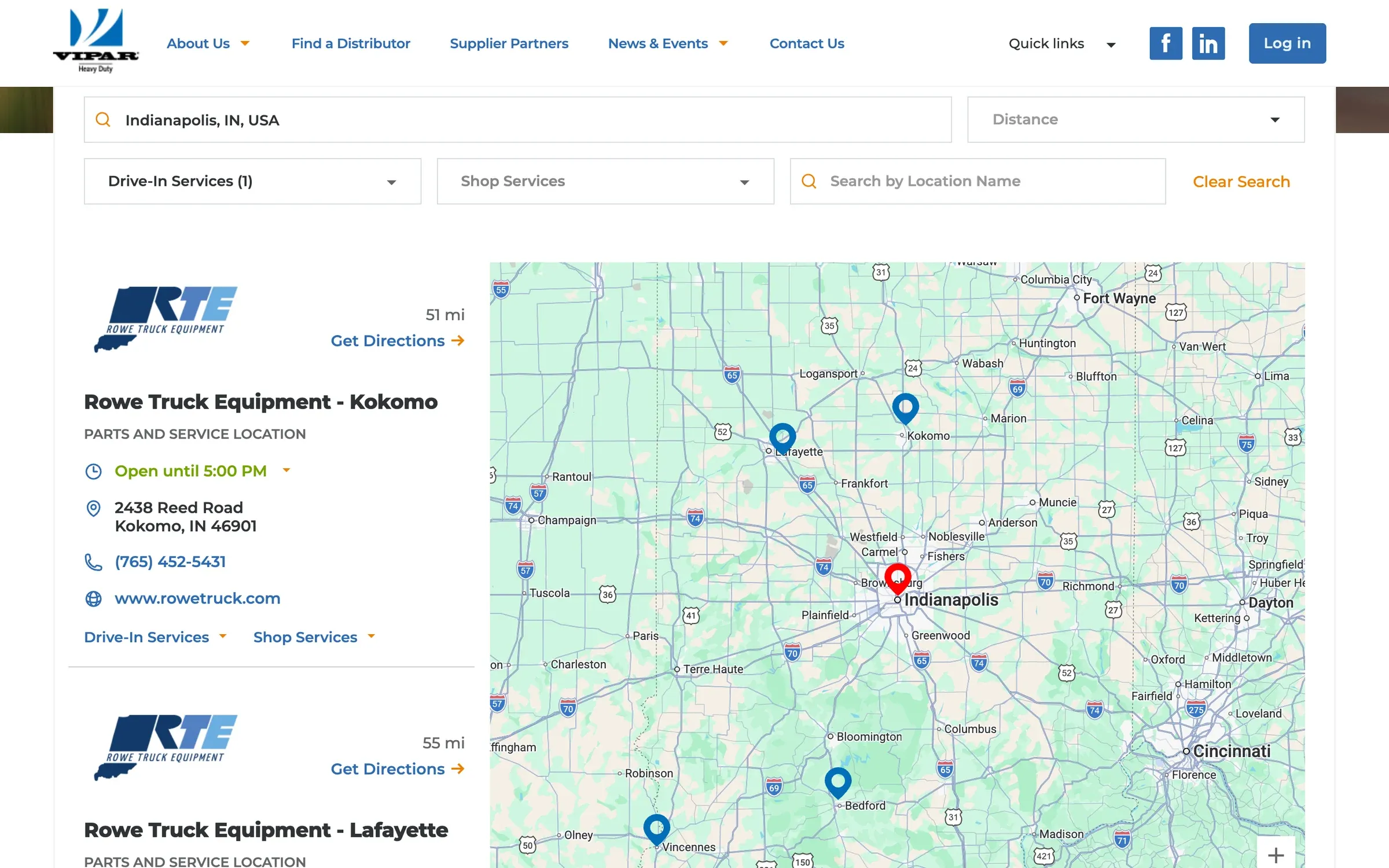 VIPAR Heavy Duty distributor search with brake service locations near Indianapolis on a map and a list of results