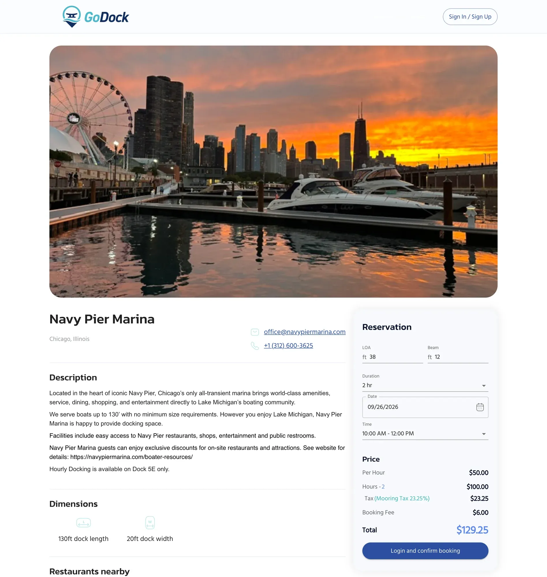 Navy Pier Marina page on GoDock with a photo, description and a reservation panel showing the price for a 38 by 12 ft boat