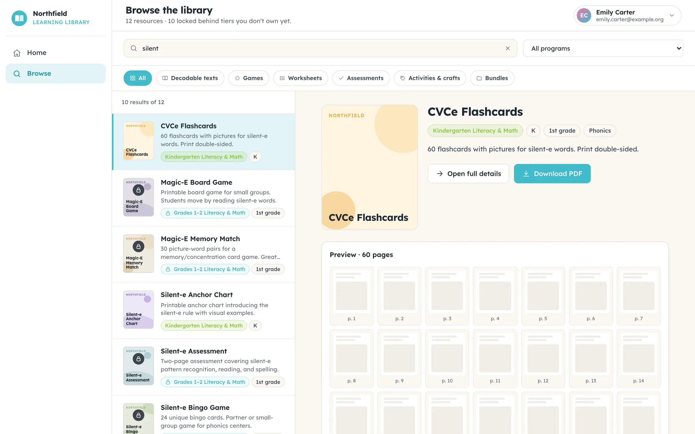 Teaching resource library with search results, locked and unlocked resources and a resource preview