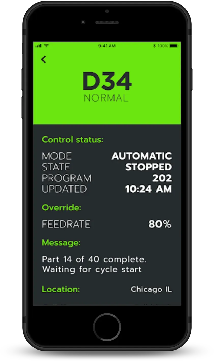 Machine status on a phone in the normal state with the current part count