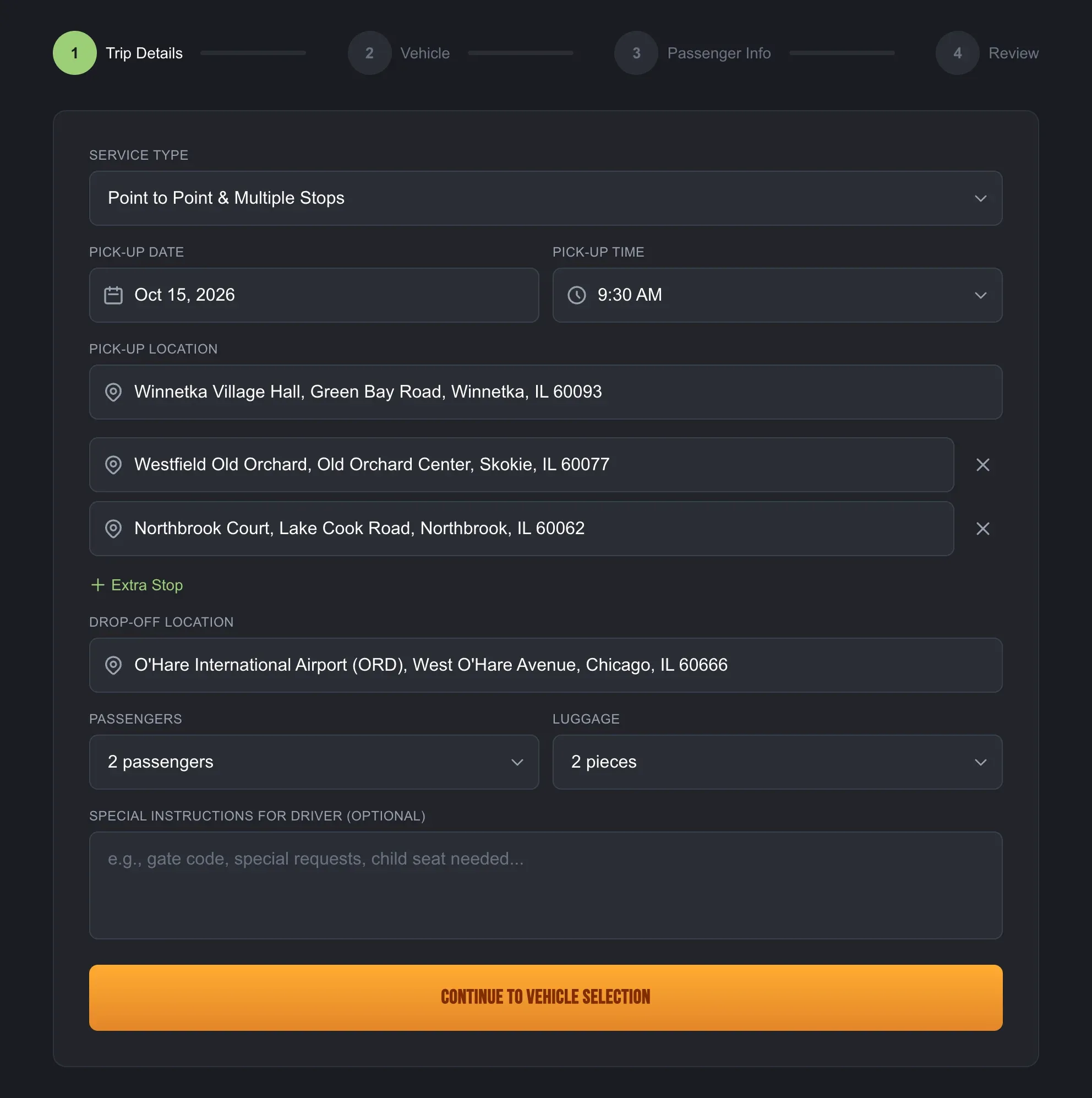 Trip details step of the North Suburban Limousine booking with pickup, two extra stops and O'Hare as the destination