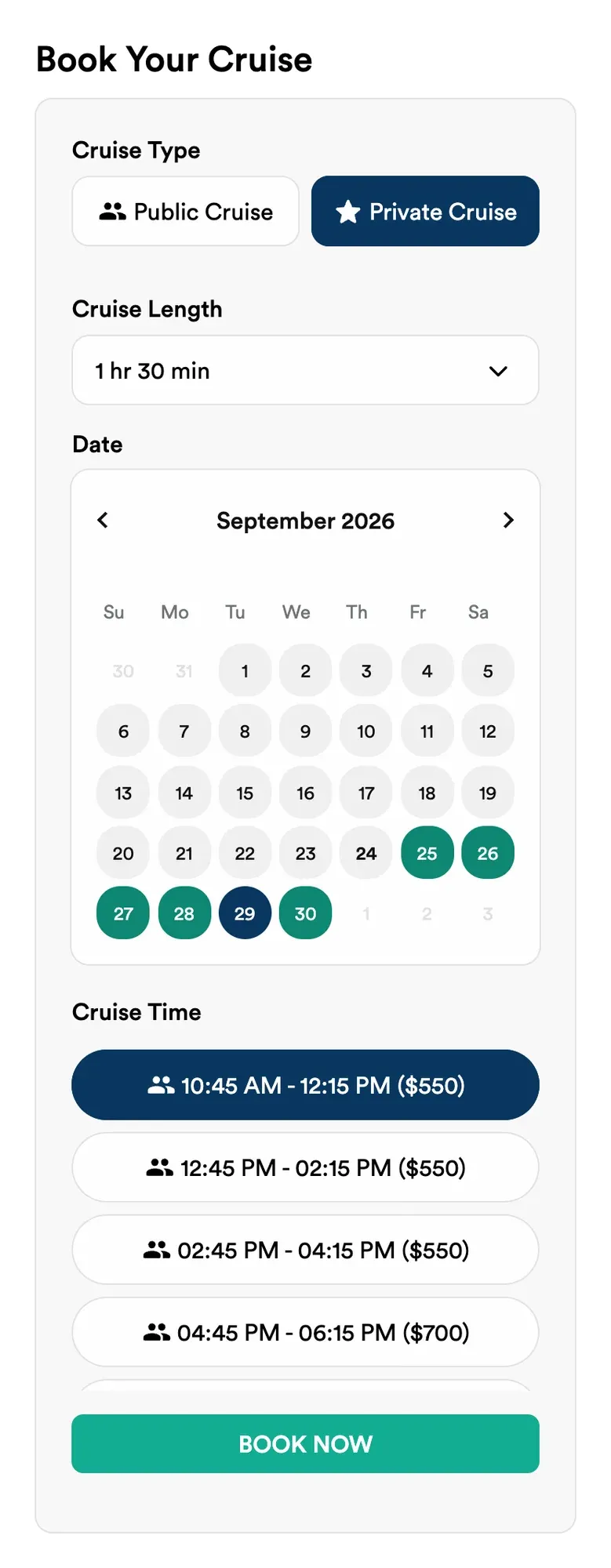 Booking panel with a calendar of available days and time slots with prices