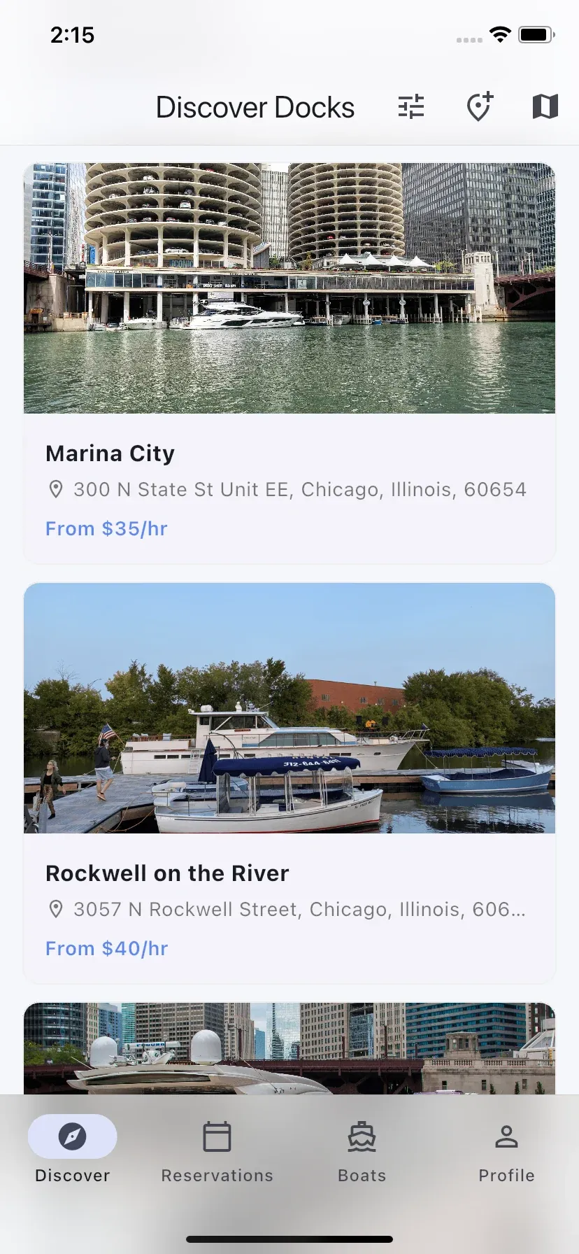 Discover Docks list in the GoDock iPhone app with dock photos, addresses and hourly prices