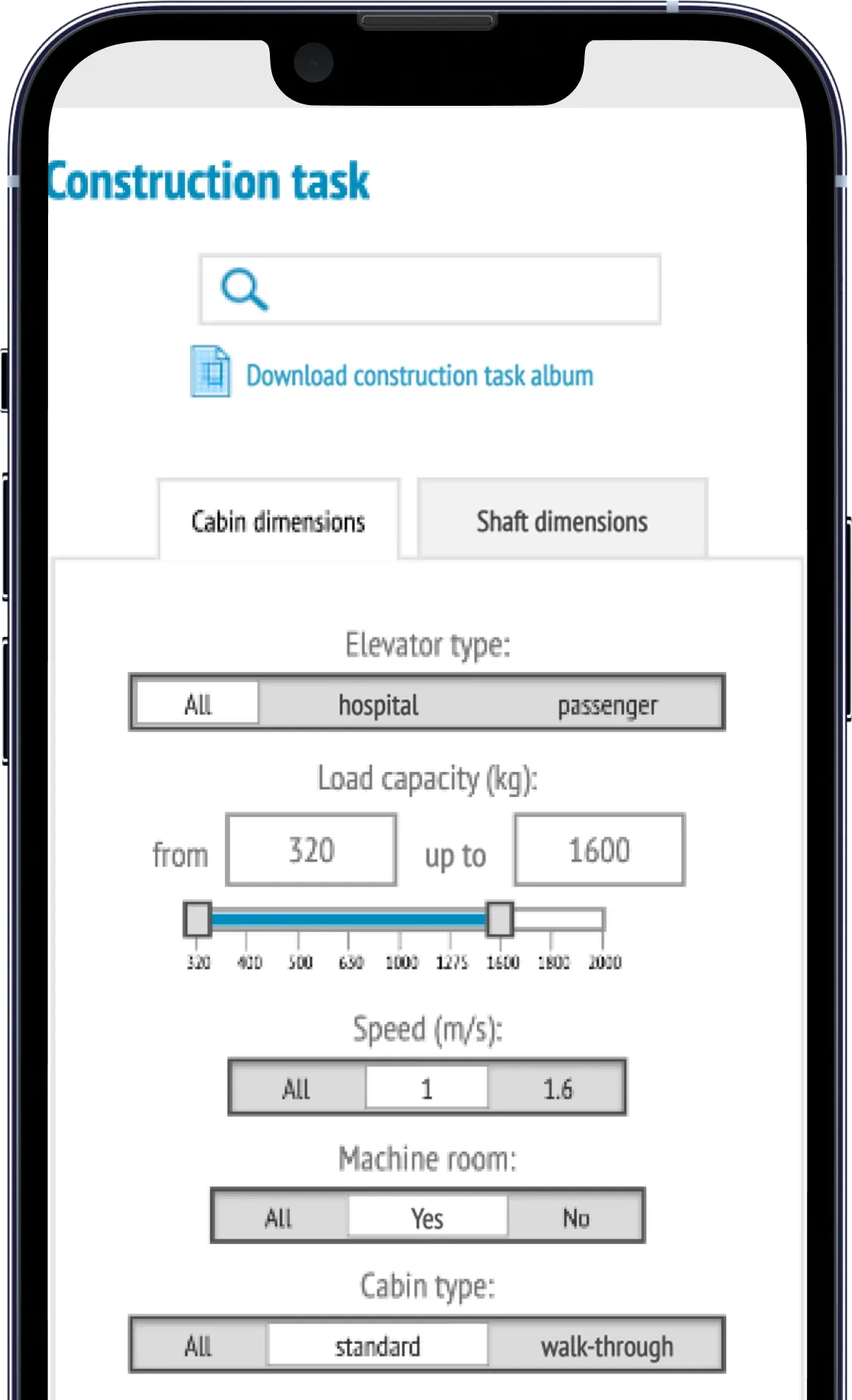 Construction task filter on a phone with shaft dimensions, elevator type and a download button for the task album