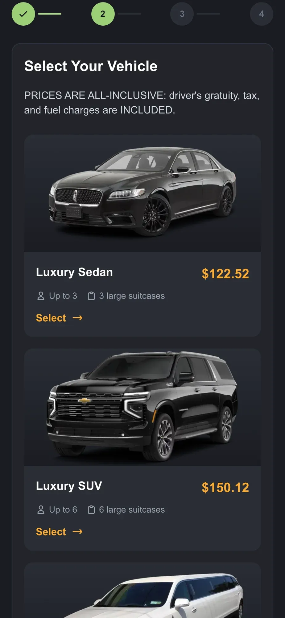 Vehicle selection on a phone with luxury sedan, SUV and stretch limousine and their all-inclusive prices
