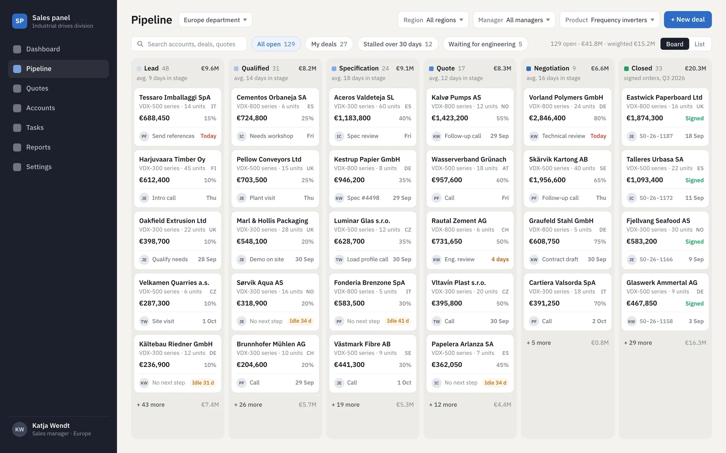 Pipeline board with deal cards in columns from lead to closed, with values, owners and next follow-ups