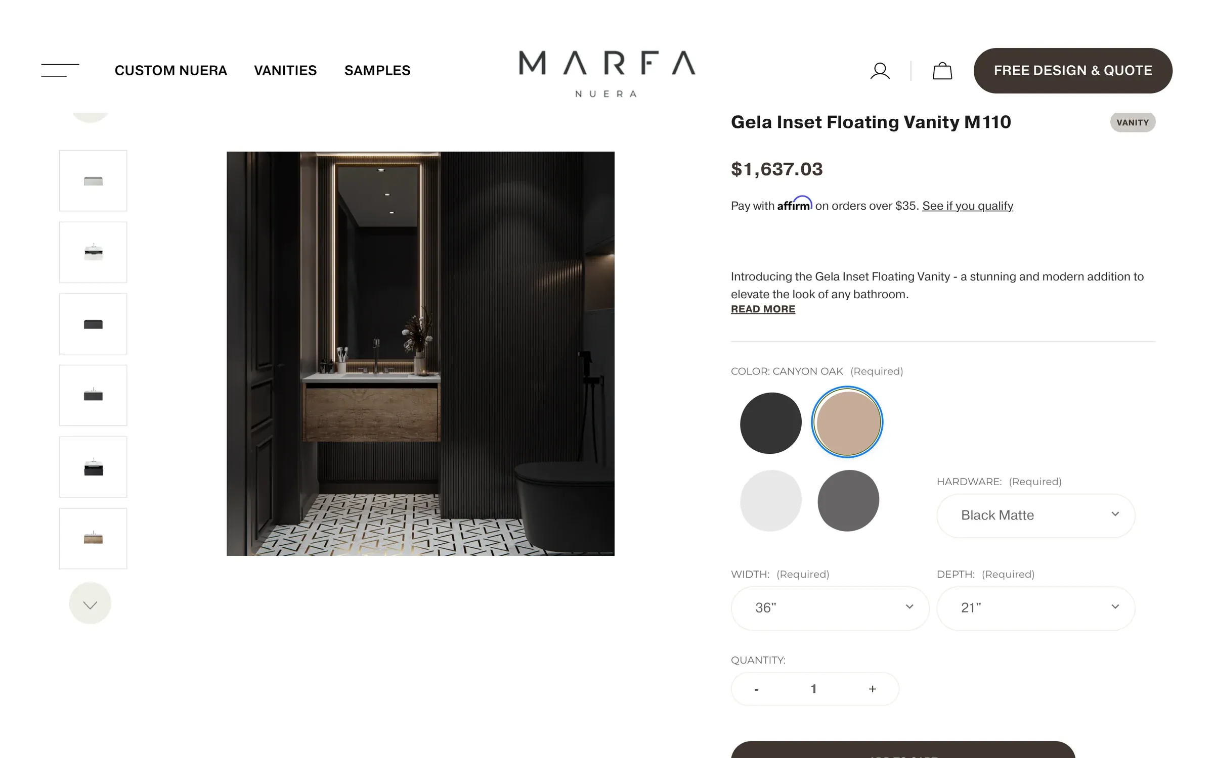 Marfa Cabinets product page for a floating vanity with selected options and the price