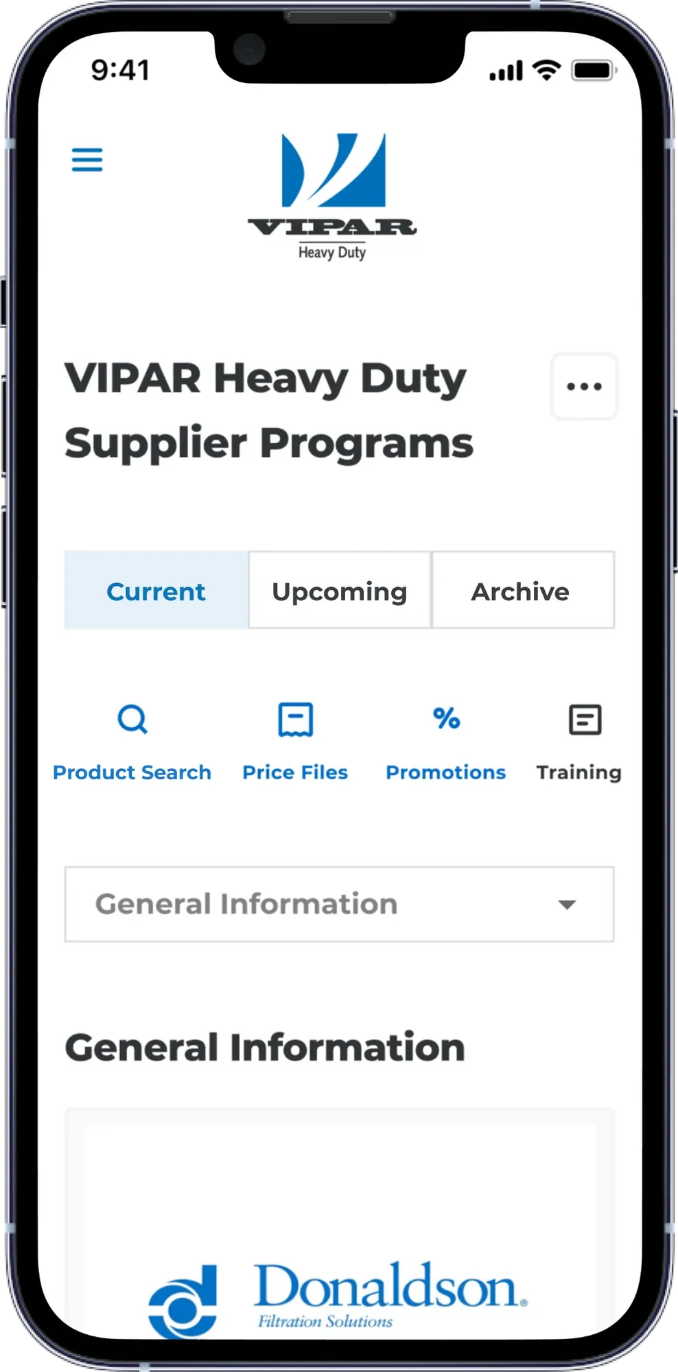 Supplier Programs page of the VIPAR portal on a phone with product search, price files, promotions and training