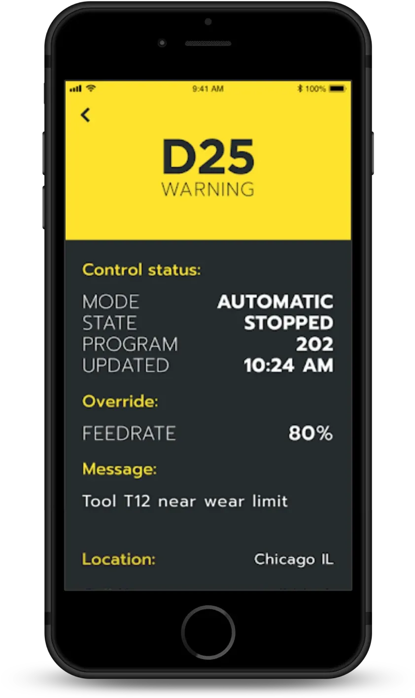 Machine status on a phone in the warning state with a tool wear message