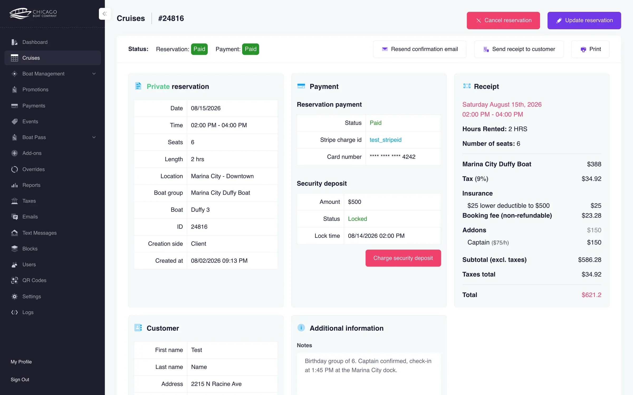 Reservation detail in the staff dashboard with payment, security deposit, receipt and notes, shown with test data