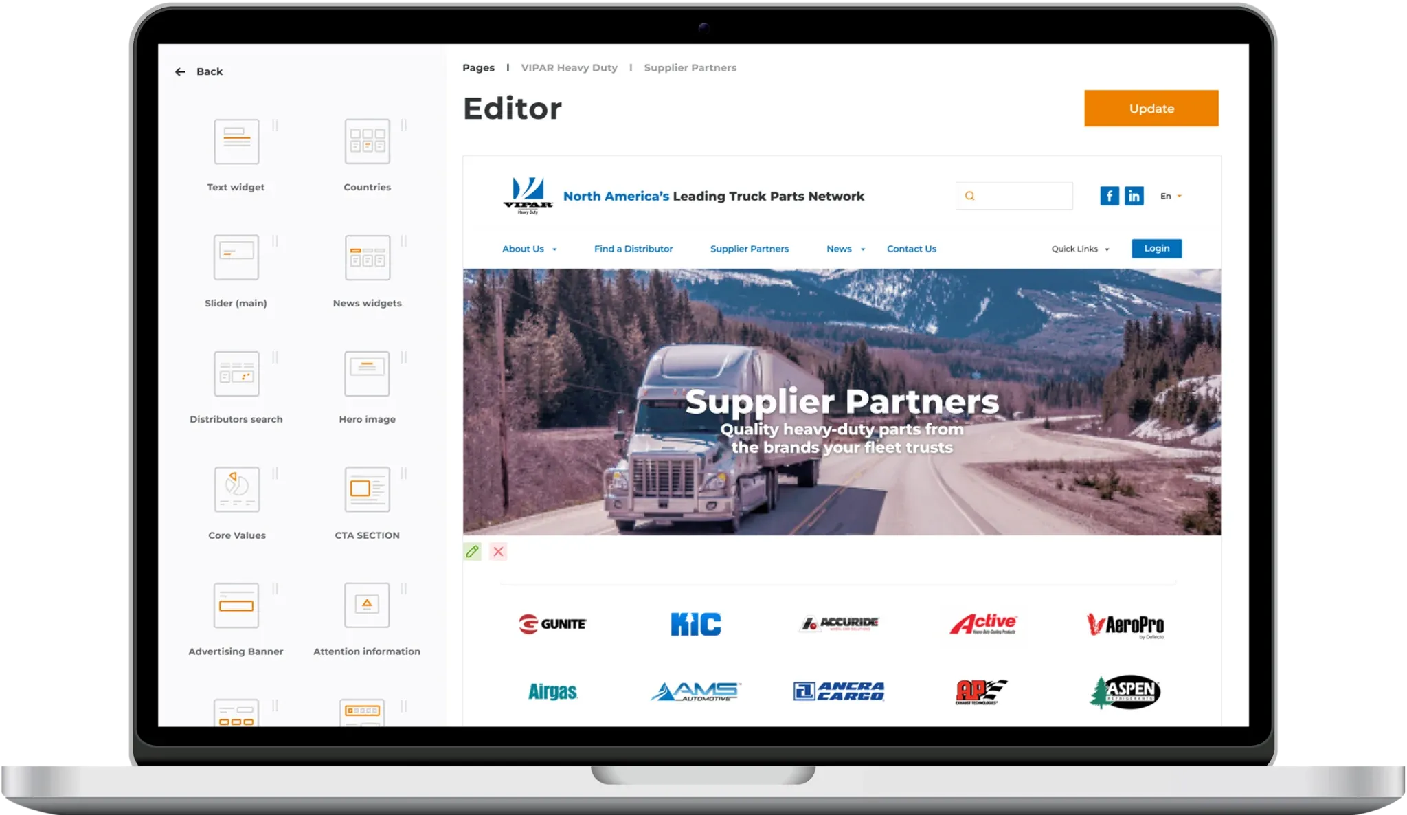 Page editor in the VIPAR administration with a supplier partners hero block