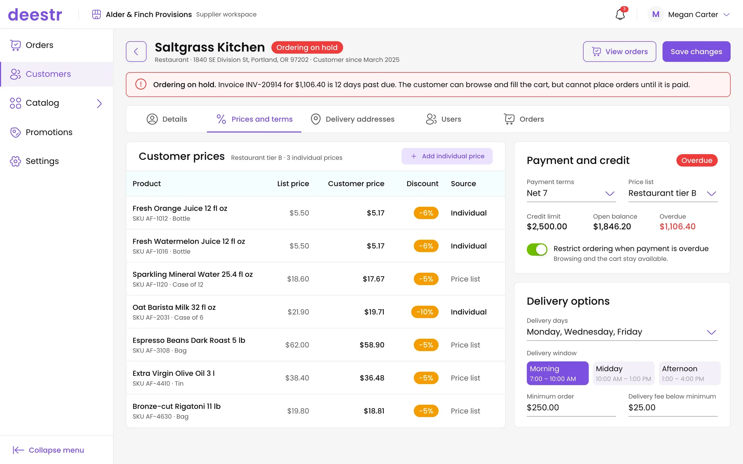 Customer card in the Deestr supplier workspace with ordering on hold because of an overdue invoice