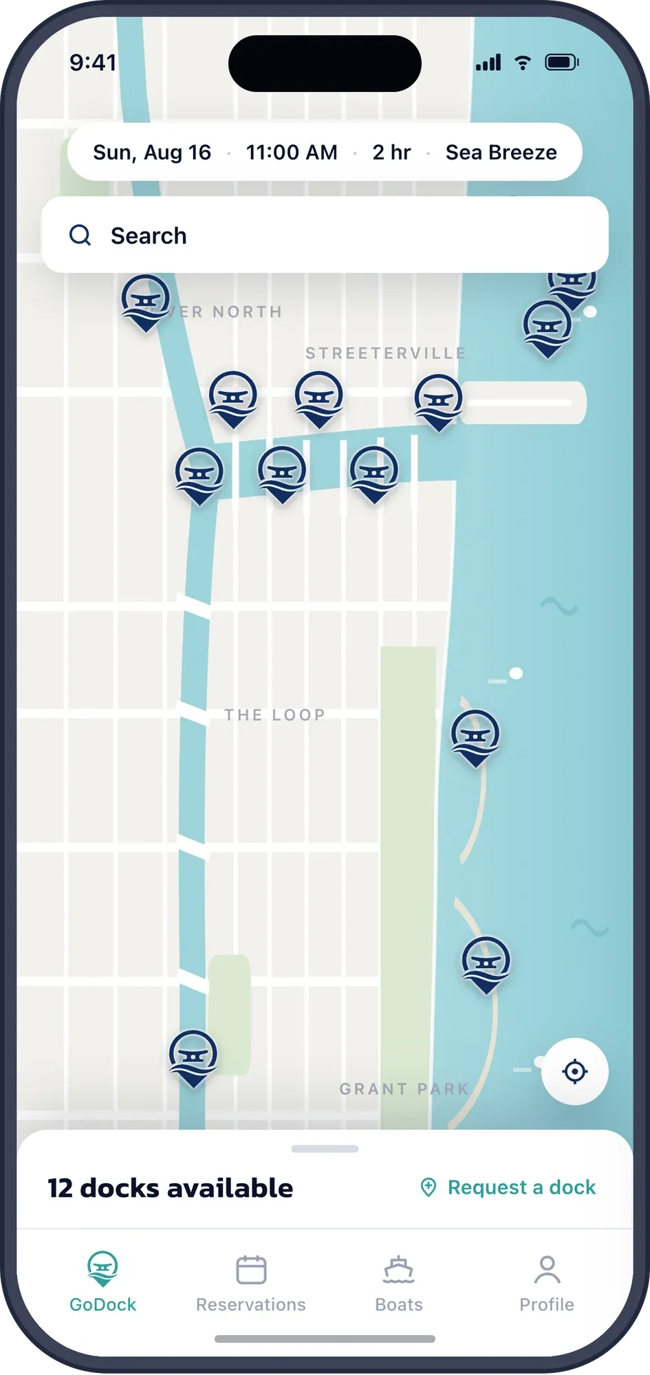 GoDock app home screen with dock pins on a map of Chicago, a booking chip and the number of available docks
