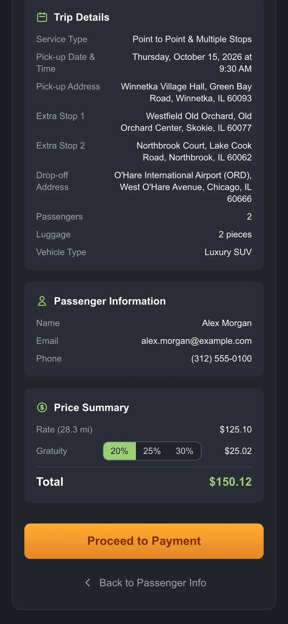 Review step on a phone with the trip summary and the price breakdown