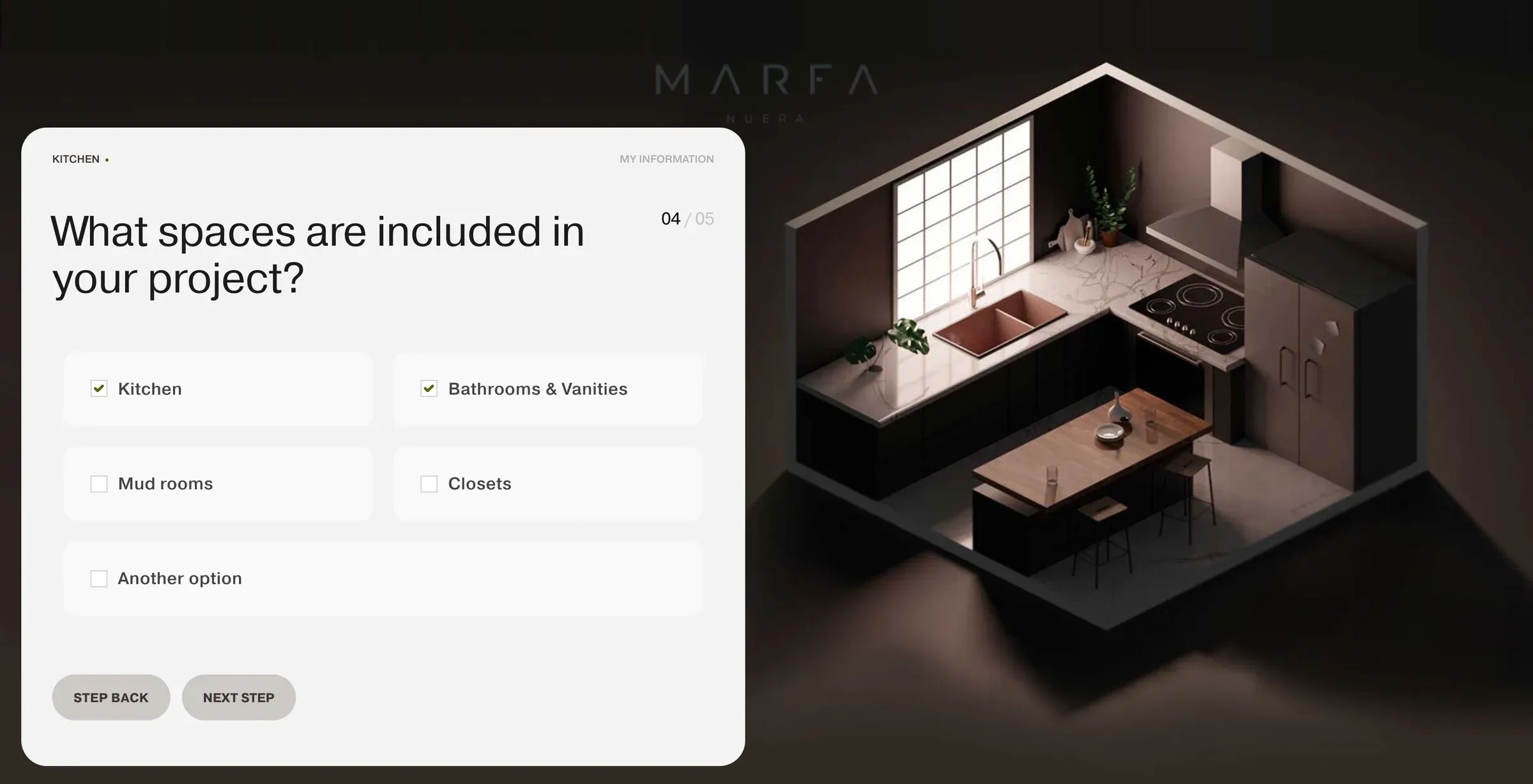 Marfa Cabinets project configurator step asking which rooms the project covers