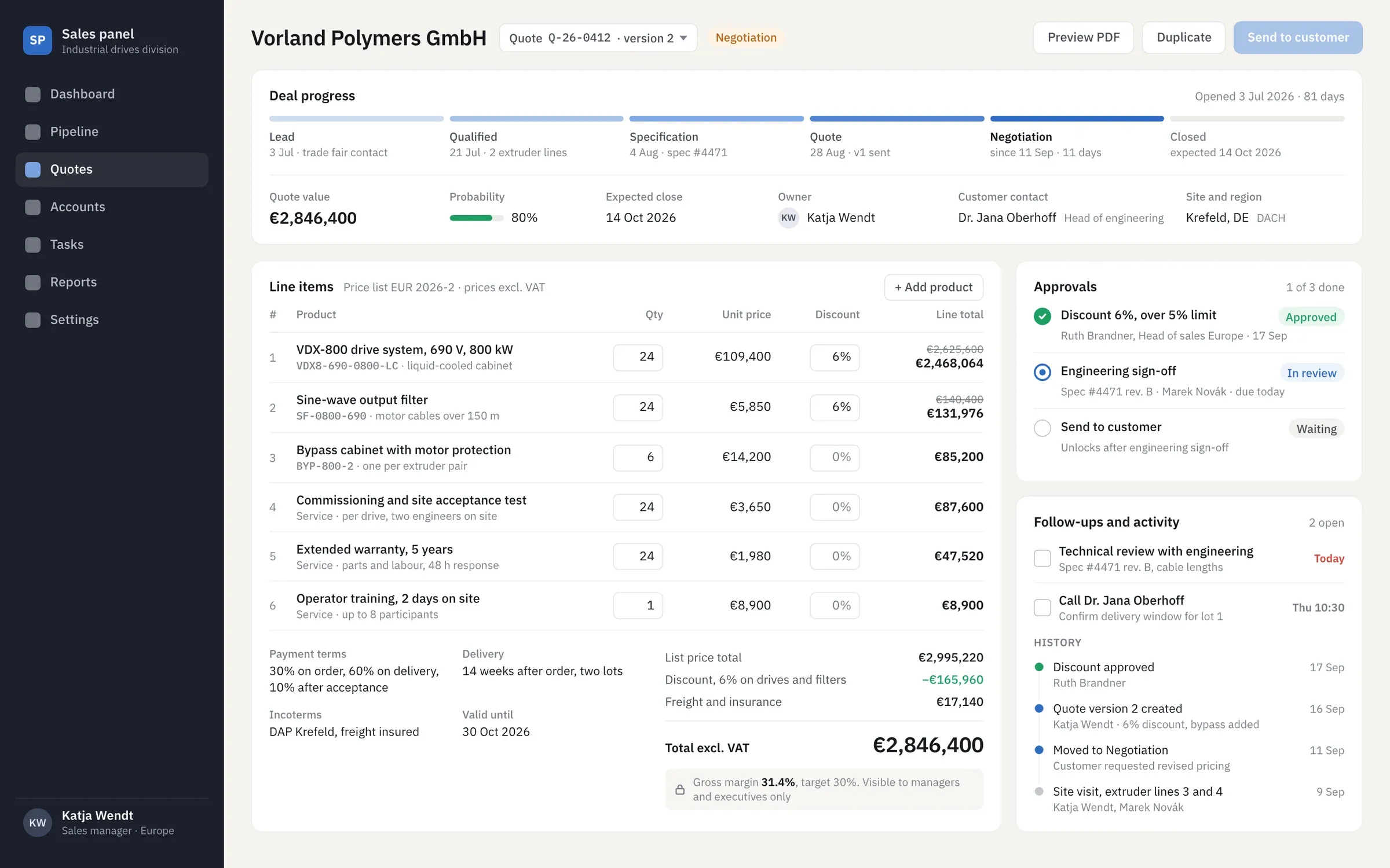 Quote builder for an industrial customer with line items, discounts, totals, approvals and follow-ups