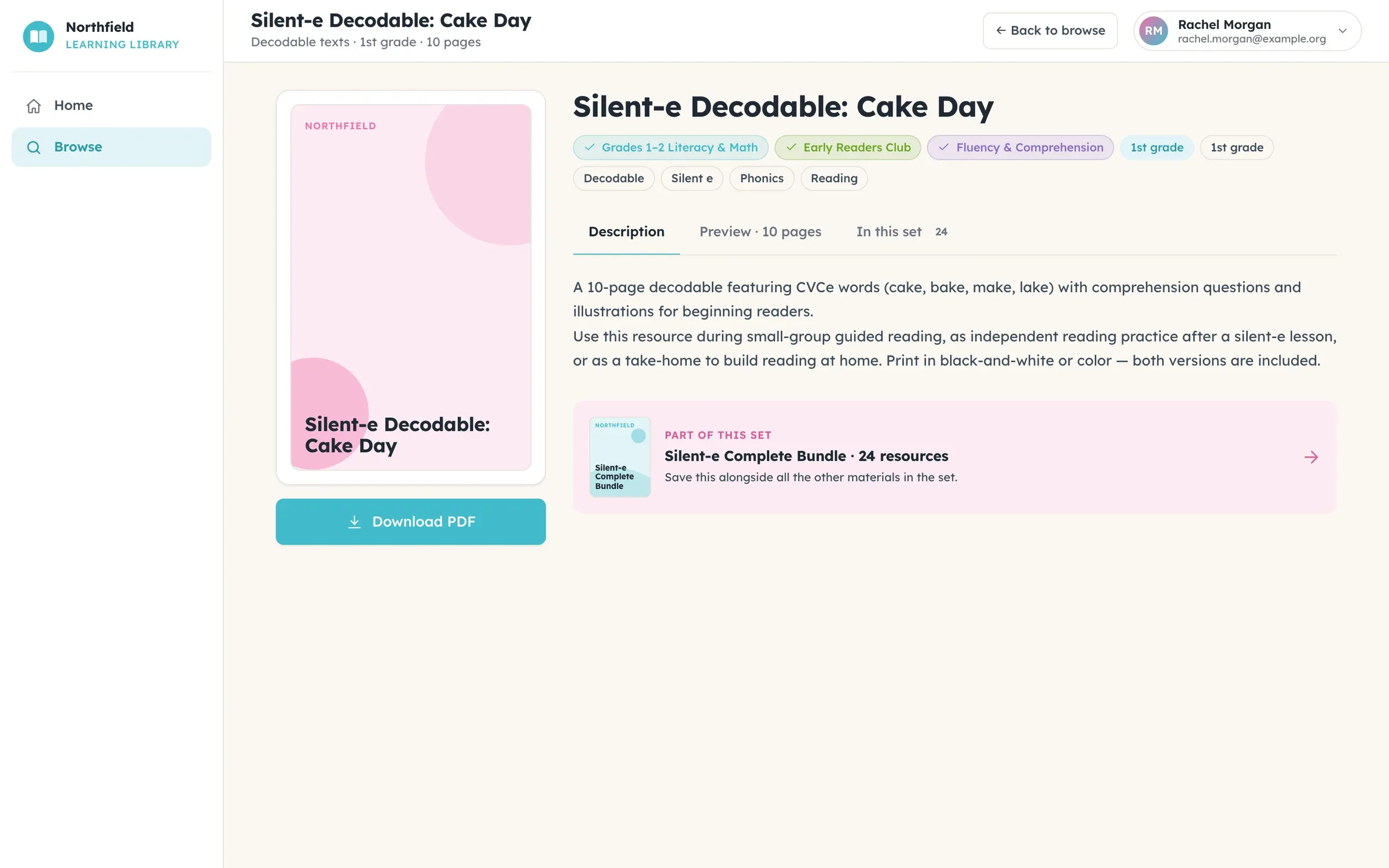 Resource page with description, grade tags, page preview and a download button for a teacher with access
