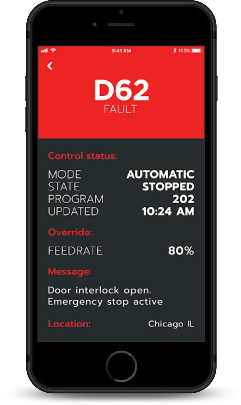 Machine status on a phone in the fault state with an emergency stop message